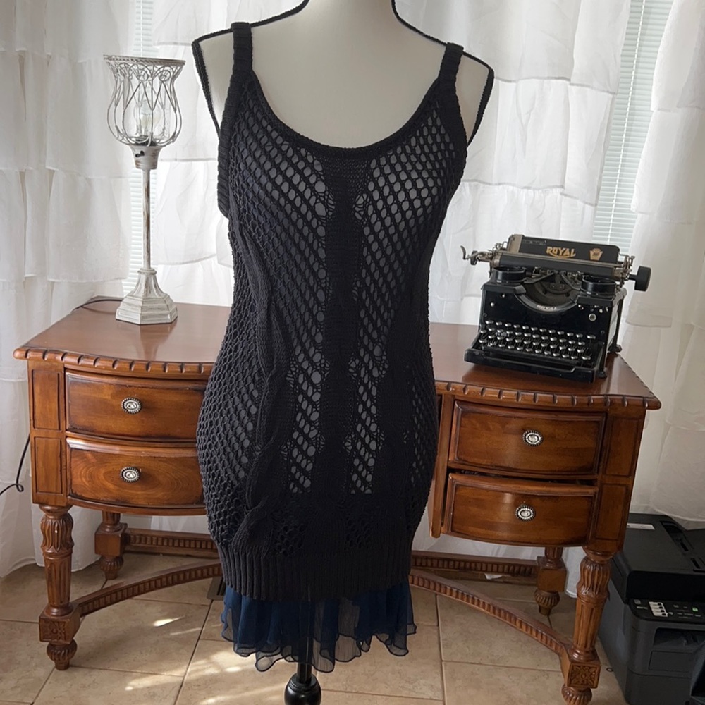 NWT Free People black sweater dress with navy ruffles bottom and laced back S